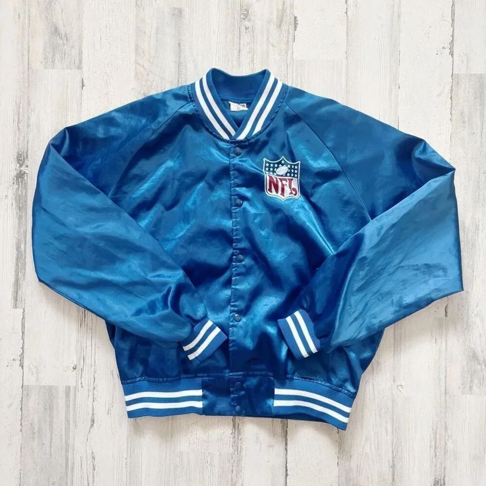 Vintage NFL Chalk Line Blue Satin Varsity Jacket Size XL